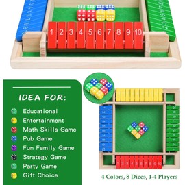 Wooden Shut the Box Dice Game for Family Game Nights – 4-Sided Number Flip Board for Multiplayer Fun and Parties