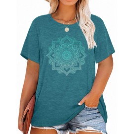Women Plus Size Mandala Vintage Graphic Short Sleeve Shirts Wild Sunflower Round Neck Tee Tops