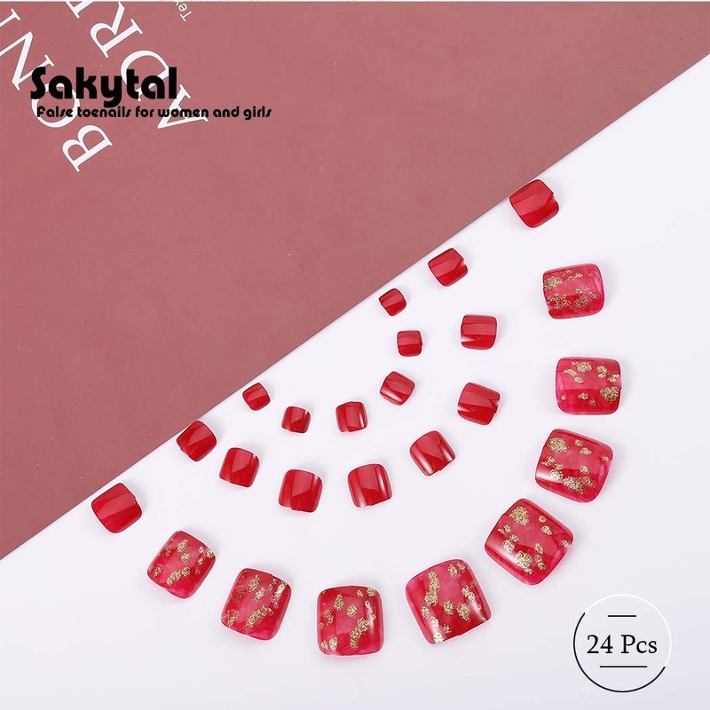Sakytal Esmalte de uñas falsas con purpurina, color rojo, con
