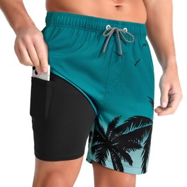 zeetoo Mens Swim Trunks with Compression Liner 5" Inseam Quick Dry Beach Shorts with Zipper Pockets Gradient-Palm-Teal L