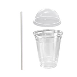 12oz Crystal Clear Plastic Cups With Dome lids and Paper Straws - For Summary Beverage (50)