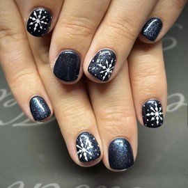 Navy Blue Short Square Press-On Nails With White Snowflake Glitter Design - Glossy Stick-On Full Cover Christmas Nails for Women and Girls - 24 Pcs