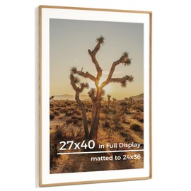 RICHFOCUS 27x40 Picture Frame USA-Sourced Natural Oak Solid Wood Photo Frame Handcrafted Rounded Corner Wooden Frame with Real Glass Display Photos 24x36 with Mat or 27x40 Without Mat