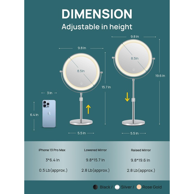 OMIRO 8.5 Inches Lighted Mirror with 3X/10X Magnifications, Double Sided