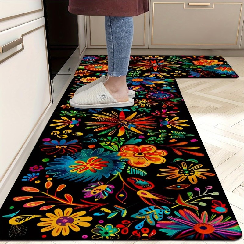YWZDS Mexican Floral Kitchen Rugs Set of 2, Colorful Kitchen