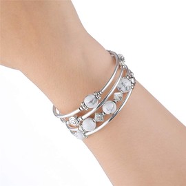 Beaded Pearl Bangle Wrap Bracelet - Fashion Bohemian Jewelry Multilayer Charm Bracelet with Thick Silver Metal Beads, Gift For Women(Howlite)
