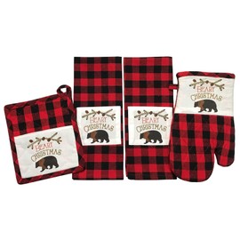 Winter Bear Christmas Kitchen Towel and Pot Holder Set: Traditional Red Black Check with Beary Christmas Patch