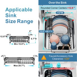 iSPECLE Expandable Dish Drying Rack for Large Sink - Adjustable Capacity Over The Sink Dish Drainer Drying Rack, 15.8"-20.7" L x 12.8" W, Black