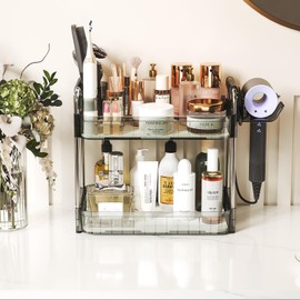 AmzAge Bathroom Countertop Organizer,Makeup Counter Organizer With Hair Dryer Holder,Compatible with Dyson Blow Dryer,Electric Toothbrush And Toothpaste Holder,2-Tier Detachable Design,Gem Green