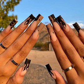 Kamize Coffin Press on Nails French Long Fake Brown Nails Tips Full Cover Acrylic Fire Ballerina False Nails for Women and Girls24PCS