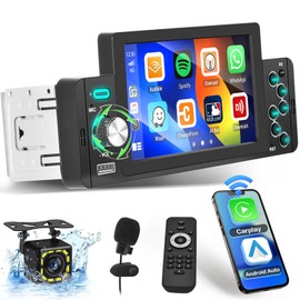 Hikity 5 Inch Single Din Car Stereo with Wireless Carplay Android Auto, Touch Screen Car Radio with Bluetooth 5.0, Mirror Link, Type-C, FM, SWC, USB, Car Audio Receiver with Mic/Backup Cam,
