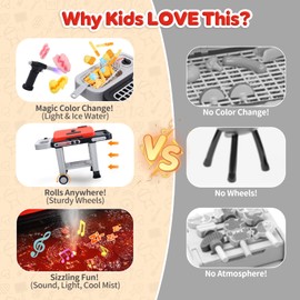 CUTE STONE Kids BBQ Grill Toys, Color Changing Play Food, Sizzling Sound & Light Effects, Cool Mist Spray, Pretend Cooking with Frying & Grilling, 2-Tier BBQ on Wheels - Kitchen Toy Gift Ideas