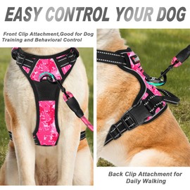 BARKBAY No Pull Dog Harness Front Clip Heavy Duty Reflective Easy Control Handle for Large Dog Walking(Pink camo,L)