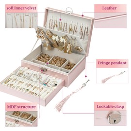 BOOVO Earring Jewelry Box For Women Girl Stud Organizer, 4 Layers Girl Jewelry Organizer Box With Lock Earring Holder Organizer Necklace Ring Jewelry Organizer Box For Girls (Rose Gold, 4 layer)