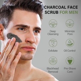 Men's Face Scrub, Bamboo Charcoal Salicylic Acid Face Exfoliant, Facial Peeling Improves Blackheads, Acne, Clogged Pores, Cleansing Oil Control, Pre-shave Care for Men, with Facial Cleansing Brush