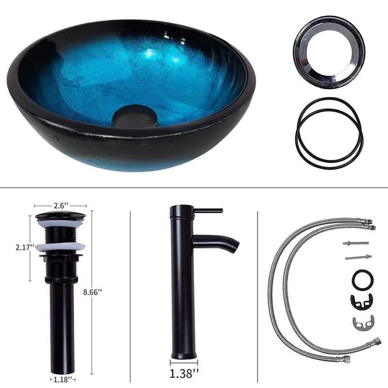 YIMAI Ingenuity Vessel Sink 12" Bathroom Sinks Tempered Glass Blue