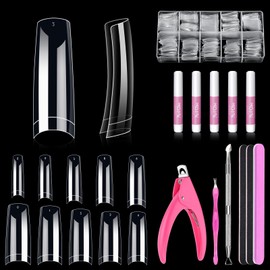 MORGLES MORGLES Clear Acrylic Nail Tips, 500 Pcs French Nail Tips Square Half Cover with Glue, Clipper, Files and Cuticle Fork for Salons and Home DIY