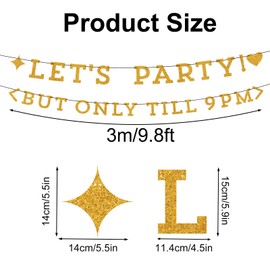 Let’s Party But Only Till 9 PM Banner, Pre-Strung Gold Glitter Birthday Banner Garland Funny Birthday Sign Decorations for Women Men Party Supplies Decor