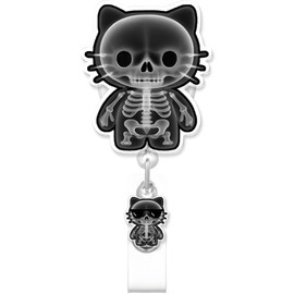 Funny Skull Cat Badge Reel for ID Card, Halloween Cute X-ray Cat Retractable Nurse Alligator Clip Badge Reel for Women, ID Name Tag Badge Holder for Office School Hospital Nurses Doctors Teachers