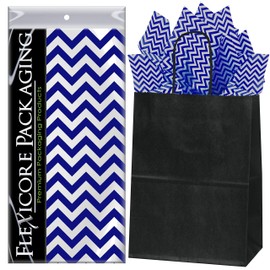 Flexicore Packaging Black Kraft Paper Gift Bags & Navy Blue Gift Wrap Tissue Paper | Size: 8 Inch X 4.75 Inch X 10.5 Inch | Count: 5 Bags | Color: Navy Blue Chevron