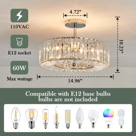 DAFKOS 4 Lights Modern Crystal Chandelier Chrome Round Semi Flush Mount Ceiling Light Fixture Farmhouse Chandelier for Dinning Room Living Room Bedroom Hallway Entryway Kitchen