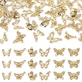 FASHEWELRY - 36 colgantes de aleación de mariposa con diamantes de imitación, de metal, para insectos voladores, chapados en UV, para manualidades, collares, pulseras, arete, joyería