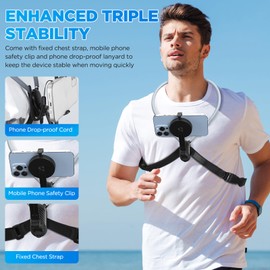 Yaskyly Magnetic Neck Phone Mount POV/Vlog Selfie Mount Neck Cell Phone Holder with Phone Safety Clip Hand Free Phone Neck Holder Chest Stand Strap for Running Gym Travel Daily Recording