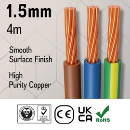 Primes DIY Single Core Conduit Cable 1.5mm Copper Wire Insulated PVC, Stranded Flexible Coil 6491X Electrical Wire, BASEC Approved – Brown, Blue, Green/Yellow (4 Meter), Home Improvement
