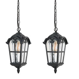 Zanritelit Black Outdoor Pendant Lights for Porch Hallway Patio, Aluminium Exterior Hanging Light Fixtures, Outside Waterproof Vintage Hanging Ceiling Outdoor Pendant Lamp Height Adjustable, 2pack