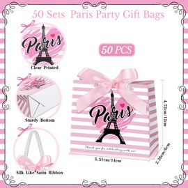 Locmeo Paris Party Favors - Eiffel Tower Gift Bags with Handles, French Candy, Bow Ribbon - Paris Party Decor, Sweet 16 & Quinceanera (50 Set)