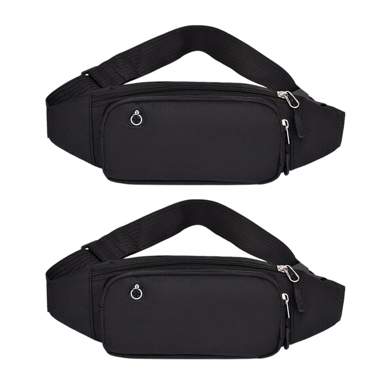 2PCS Riñonera Deportiva Impermeable, Multifuncional con Cremallera (Negro + Negro)