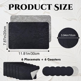 Table Mats and Coasters Set for 6, Leather Dining Placemats Waterproof Non Slip Heat Resistant, Reversible Two-Tone Easy to Clean Floral Place Mats for Home or Hotel 30x20cm Black Grey