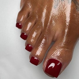Wine Red Press on Toenails Short Square False Nail Black Full Cover Designs Red Solid Color Fall Fake Toe Nails Reusable Glossy Acrylic Fake Toe Nails Art Kits for Women Girls 24Pcs