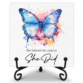 Inspirational Desk Decor, She Believed She Could So She Did Desk Decor For Home Office, Graduation Wooden Plaque Sign With Iron Stand, Encouragement Gifts For Women, Graduation Gifts For Her -04