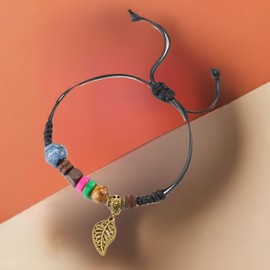 COOLSTEELANDBEYOND Vintage Leaf Bracelet, Colourful Bead Charm, Women's Wrap Sweatband Bracelet, Adjustable, Bohemian Boho, Cotton rope and ceramic and wood, No gemstone