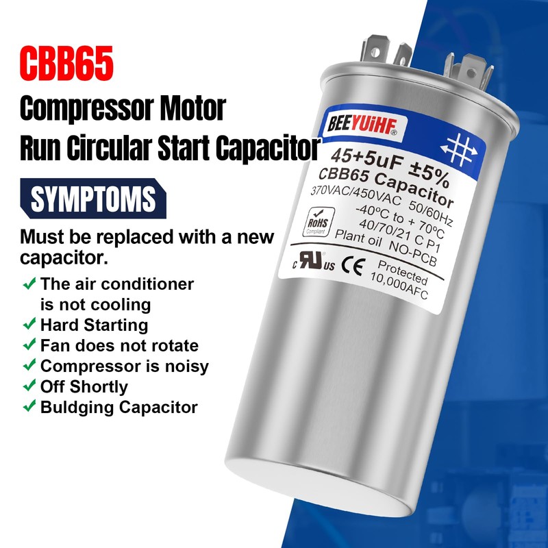 BEEYUIHF 45+5uF ±5% 45/5 MFD 370/440/450V AC 50/60Hz CBB65 Capacitor