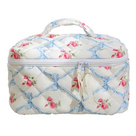 Makeup Bag Travel Toiletry Organizer,Large Quilted Cosmetic Bag for Women Make-up Bags Portable Cosmetic Brush Pouch Handle Zipper Storage Case,Bowknot Blue