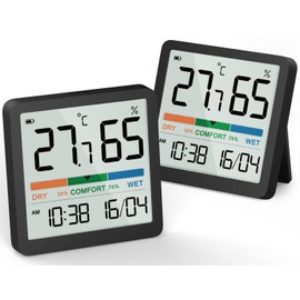 NOKLEAD Digital Room Thermometer, Indoor Hygrometer, Temperature Monitor and Humidity Meter with Date, Clock, Comfort Display, Calibration for Baby Room (Black, 2 Pieces)