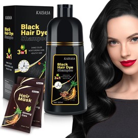 KAISASA Black 3 in 1 Hair Dye Shampoo - Can cover gray hairs,Herbal Ingredients,Contains Ginseng Extract,Natural Haircoloring, Easter's Gift:_Black+2Hair Mask