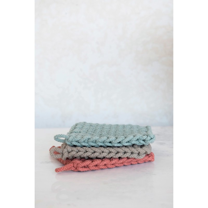 Creative Co-Op Cotton Crocheted, 3 Colors Pot Holders, 8" L