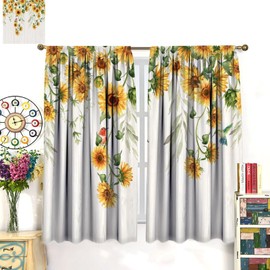 JanJCurt Vintage Sunflower Kitchen Curtains, Rustic Farmhouse Wooden Yellow Floral Plant Hummingbird Print Window Treatments for Cafe Living Room Bedroom 42x54 Inch