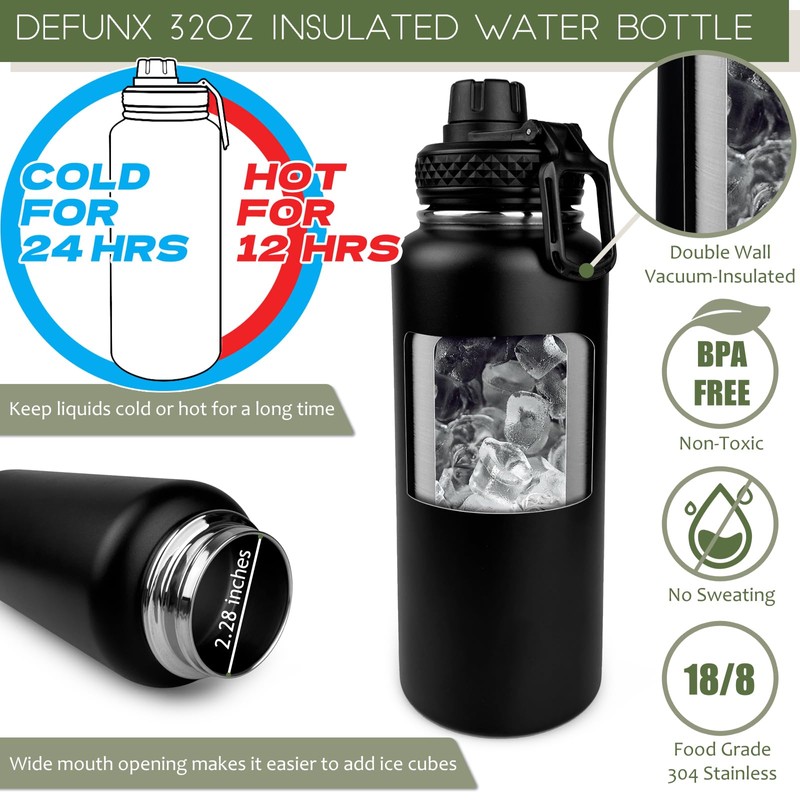 DEFUNX 32 Oz Water Bottle with Sleeve - Insulated Bottle