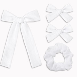 Cotton Linen Hair Bows, 3 Styles White 4" & 3" Hair Bow and 4" Scrunchie Set, Handmade Ponytail Knot Hair Clips Accessories for Little Girl Bows Long, Straight, Thick and Curly Hair (Pack of 4)