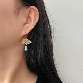 Inilbran Boho Turquoise Drop Earrings Gold Fan Shaped Earrings Teardrop Turquoise Dangle Earrings Vintage Fan Statement Earrings Jewelry for Women and Girls