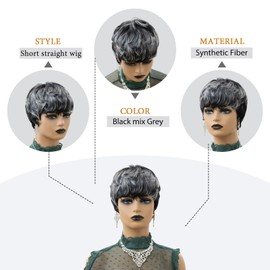 Pixie Cut Short Wig For Black Women Pixie Cut Wig Short Black Layered Wavy Wigs For Women Natural Wavy Short Wig (Black Mixed Grey)