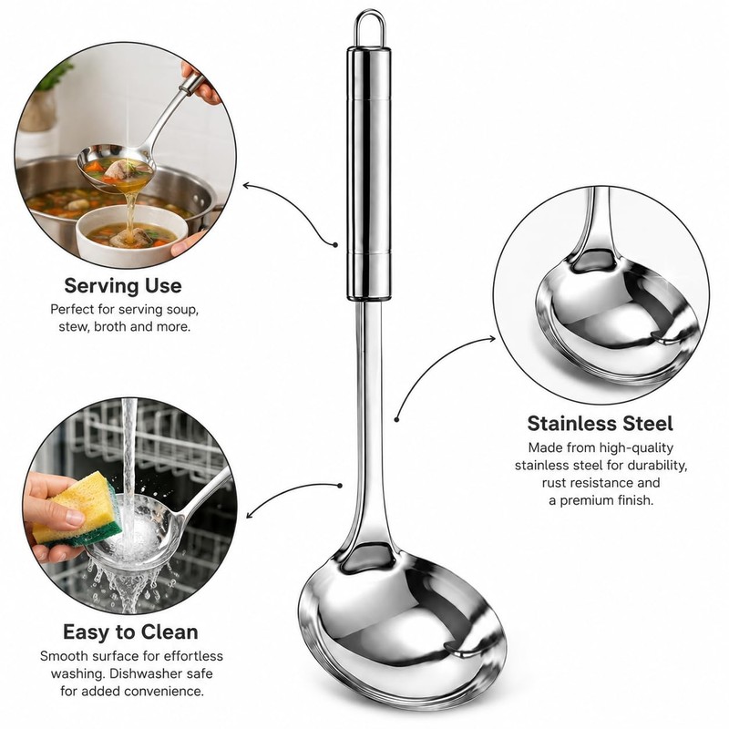 Aldera Home Stainless Steel Soup Ladle with Long Handle, Silver