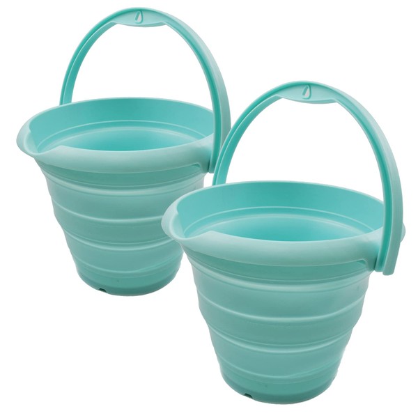 SAMMART Set of 2 - 5L (1.32Gallon) Collapsible Fishing Bucke - Foldable Round Tub - Portable Plastic Water Pail - Space Saving Outdoor Waterpot (2, Lake Green)