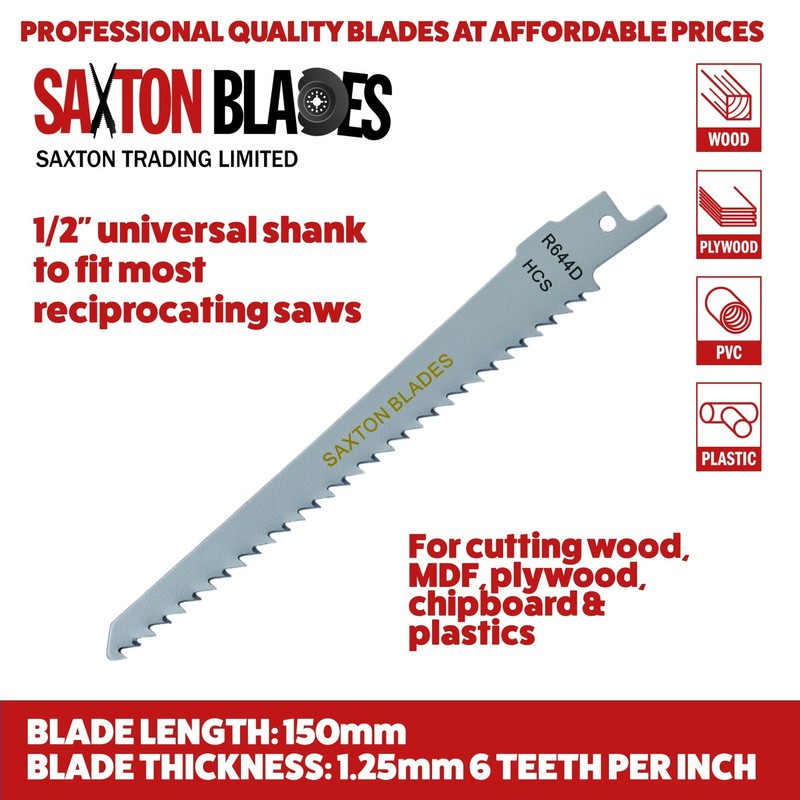 5x Saxton Blades 150mm Reciprocating Sabre Saw Wood Blades R644D