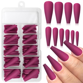 AddFavor 100pcs Long Coffin Press on Nails Fuchsia Fake Nails Matte Long Ballerina Full Cover Nail Acrylic False Nail Tips for Women and Girls