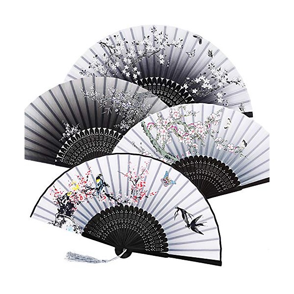 4 Pieces Folding Fans Handheld Fans Bamboo Fans with Tassel Women's Hollowed Bamboo Hand Holding Fans for Wall Decoration, Gifts (Gray Gradient, Pink Plum Blossom, Black Gradient, Pink Peach Blossom)